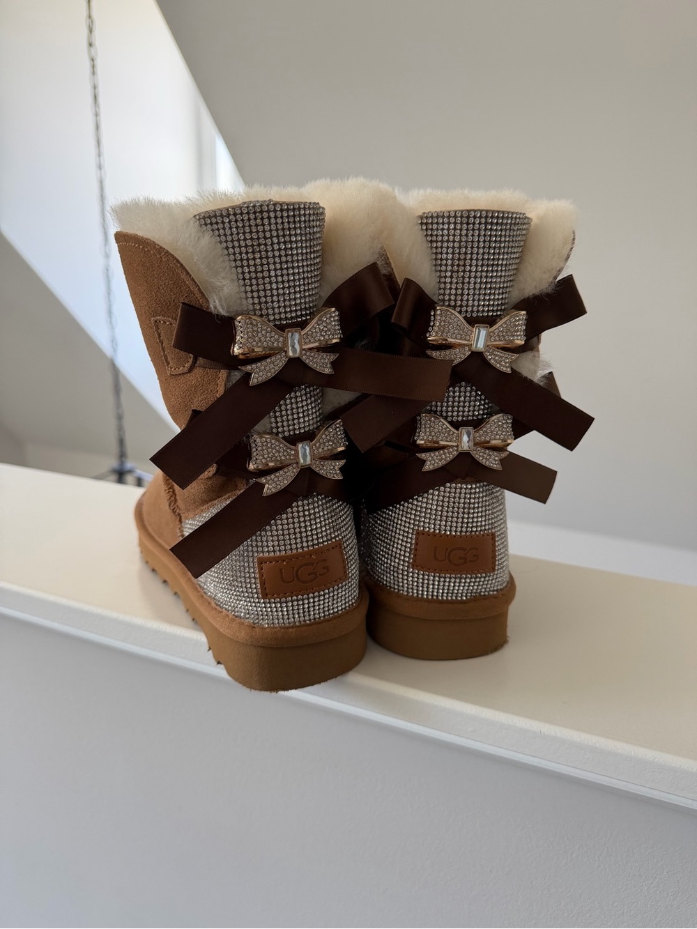 UGG Chestnut Crystal Bow Sheepskin Boots with Cream Fur Cuff - Picture 1 of 3